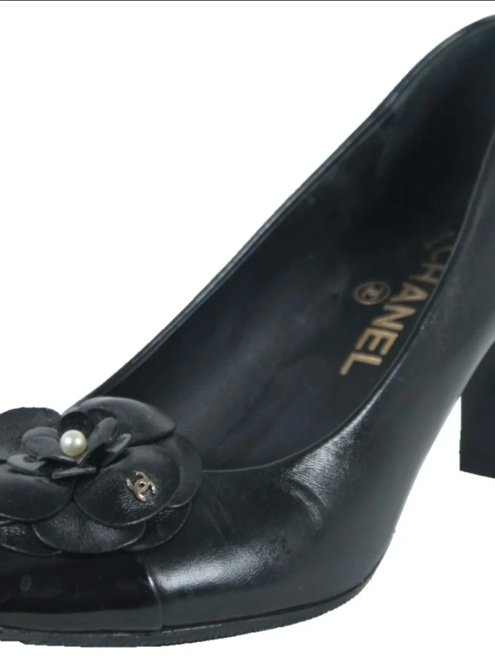 CHANEL Black Leather Camellia Pearl Detail Block Heel Pump classic size 37 6.5